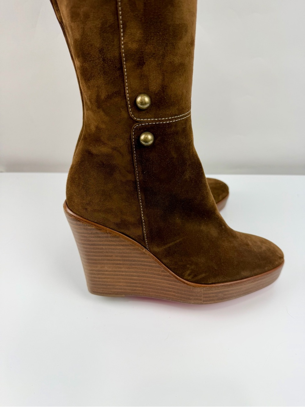 Christian Louboutin Chestnut Suede Knee Boots with Gold Button Detail - Picture 7 of 14